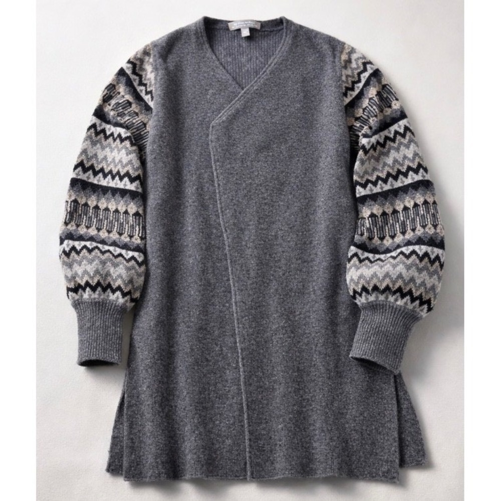 Neiman Marcus 100% Cashmere Fair Isle Duster‎ Cardigan Gray Open Front Sweater S